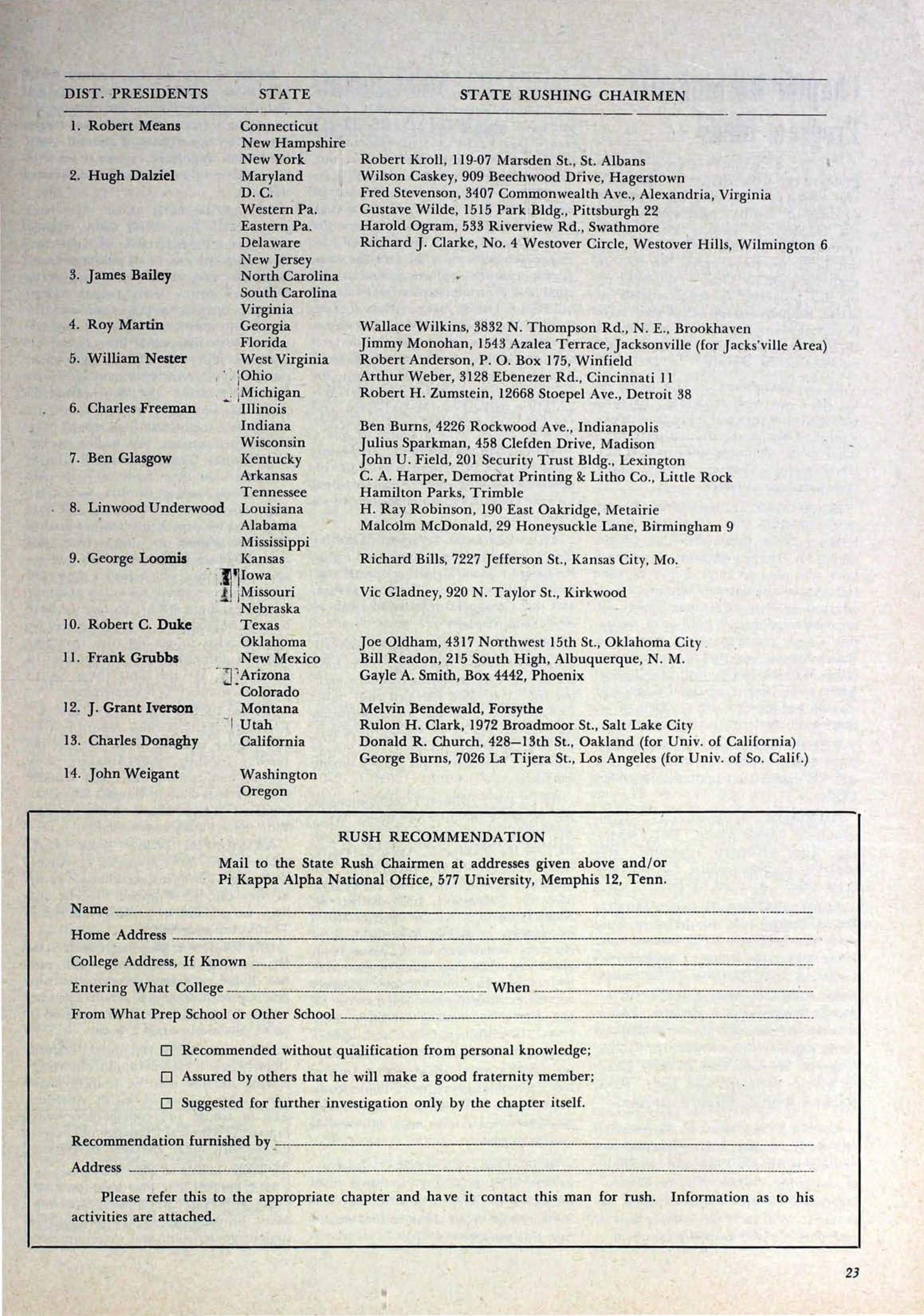 Rush Recommendation Form, September 1955
